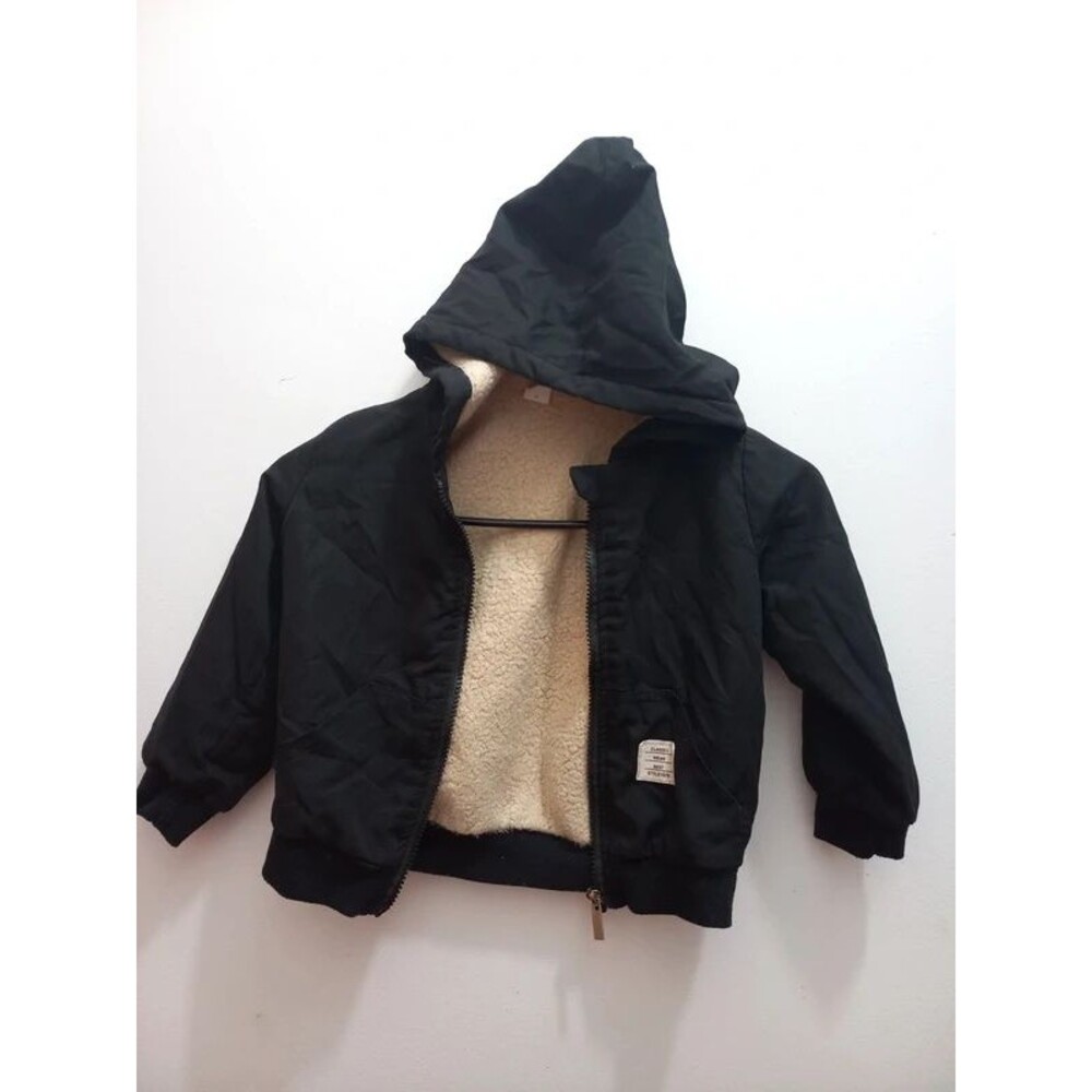 SHEIN Toddler Boy Black Sherpa Lined Hooded Jacket Coat